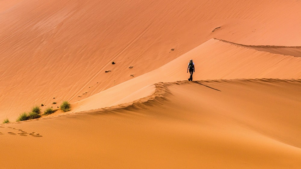 Wandelaar op de duinen van Sossusvlei; ontdek Namibië met betrouwbaar mobiel internet