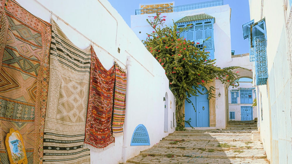 Colorful rugs and blue doors in Sidi Bou Said, Tunisia; explore with a local SIM card or eSIM